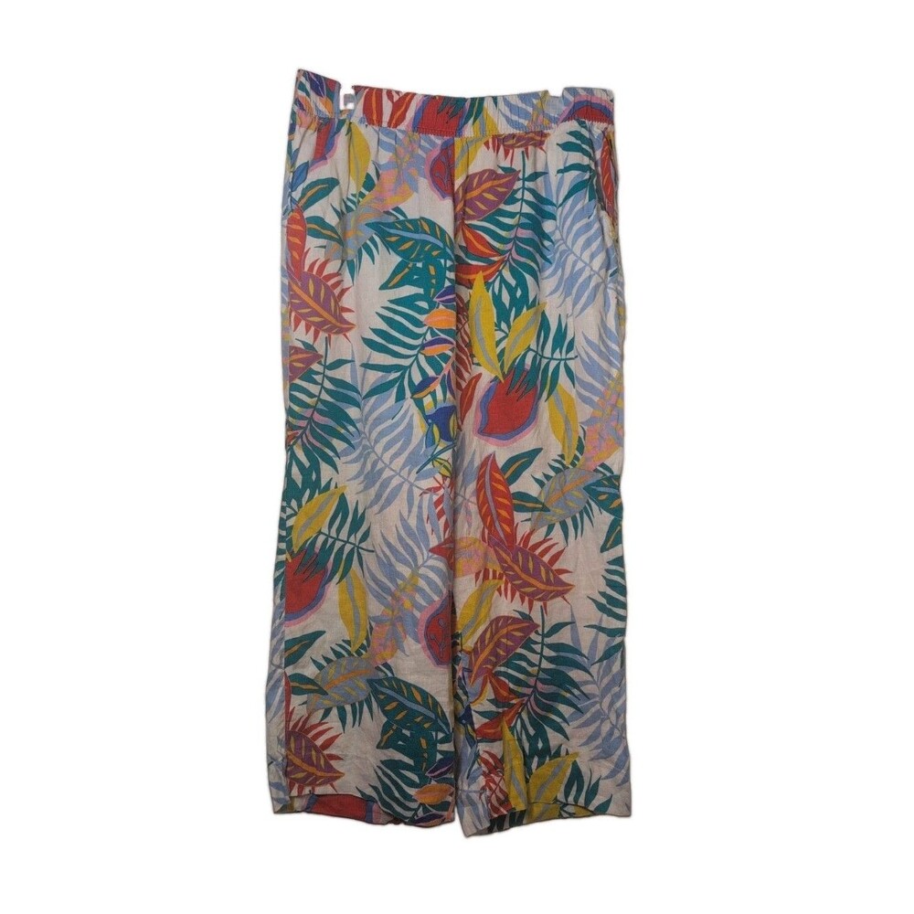 C & C California Multi-Color Tropical Leaf Wide Leg Linen Pants Pockets Sz XL